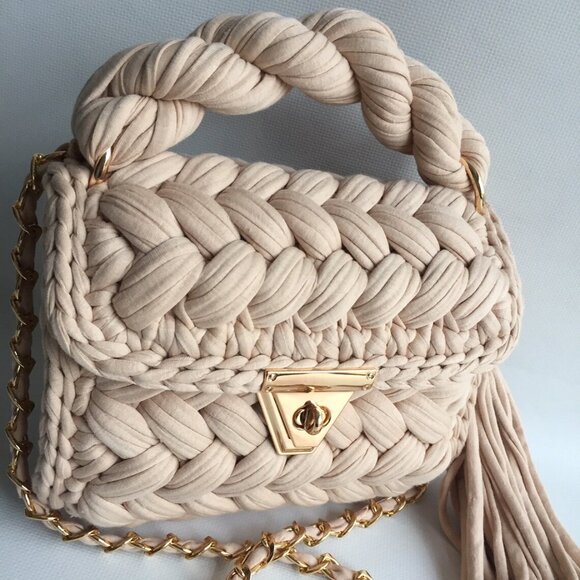 Women's Knit Hand Woven Evening Handbag Beige - Picture 2 of 3